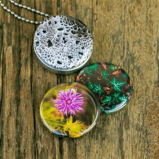 Roestvrij stalen fotomedaillon ketting met drie verschillende verwisselbare voorkanten met close up foto`s van bloemen,paddestoel en planten van de herfst. Rvs/roestvrij stalen fotomedaillon. Het meest unieke foto medaillon. Uniek in Europa!