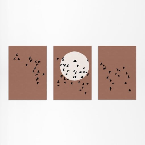 Drieluik Poster Set met Zwerm Vogels & Zon Silhouet - Japandi Style