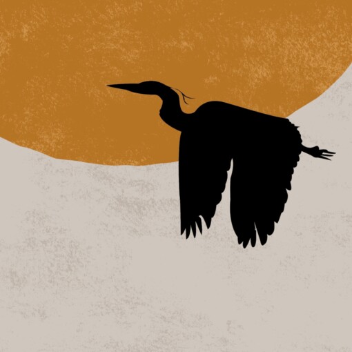 Horizontale Japandi Lente Poster met Reigers, Bloesem en Zon