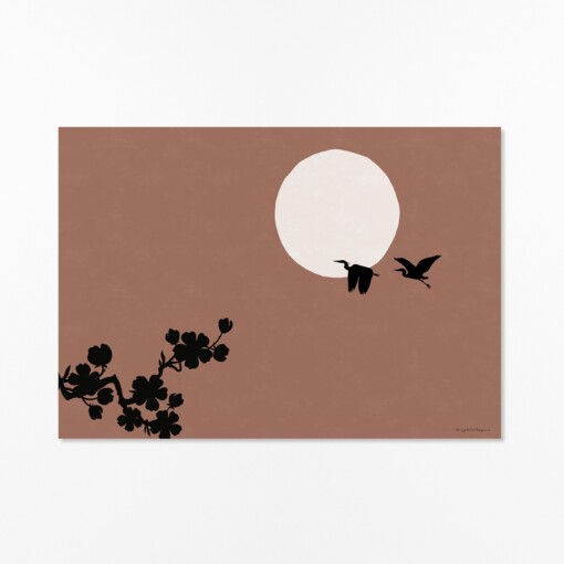 Horizontale Japandi Lente Poster met Reigers, Bloesem en Zon
