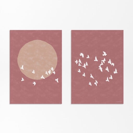Japandi Set van 2 Posters - Vogels en Zon / Maan Silhouet - XXL optie beschikbaar