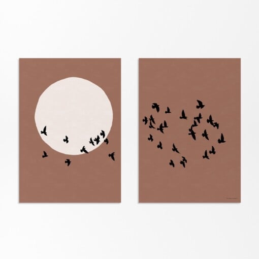 Japandi Set van 2 Posters - Vogels en Zon / Maan Silhouet - XXL optie beschikbaar