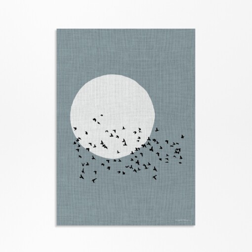 Japandi Wanddecoratie – Poster met Zwerm Vogels & Maan Silhouet