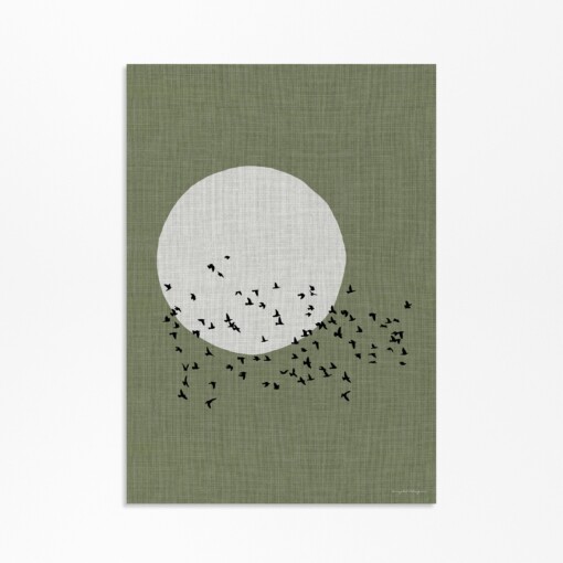Japandi Wanddecoratie – Poster met Zwerm Vogels & Maan Silhouet