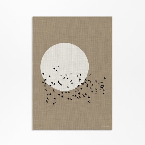 Japandi Wanddecoratie – Poster met Zwerm Vogels & Maan Silhouet