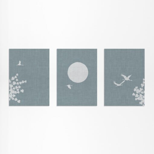 Japandi Wanddecoratie – Set van 3 Posters met Kraanvogels, Zon & Bloese