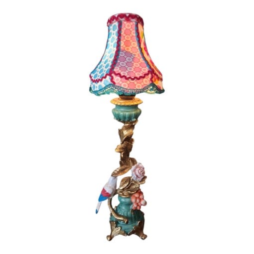 Uniek handgemaakt kleurrijk – kitsch tafellamp vogel roze/blauw