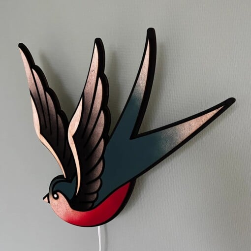 Zwaluw Vogel Lamp Handgemaakte Tattoo Art Wandlamp Uniek Houten Lamp