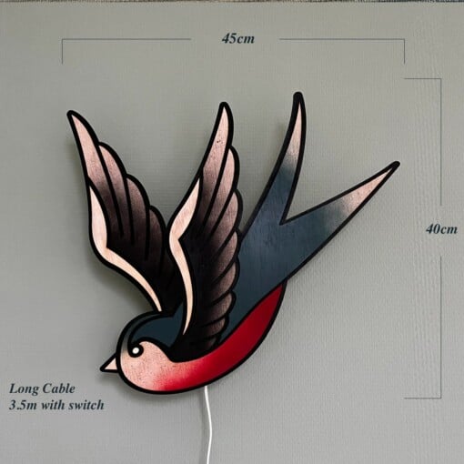 Zwaluw Vogel Lamp Handgemaakte Tattoo Art Wandlamp Uniek Houten Lamp