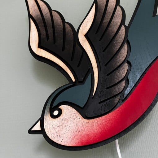 Zwaluw Vogel Lamp Handgemaakte Tattoo Art Wandlamp Uniek Houten Lamp