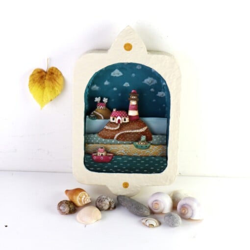 Handgemaakt Muur Diorama Vuurtoren, Eilandjes en Bootjes