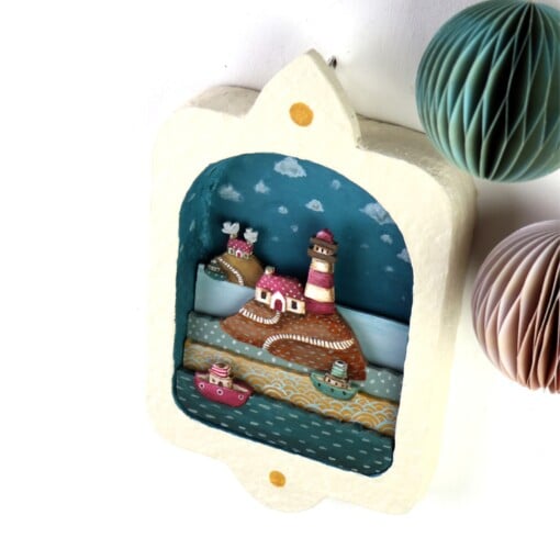 Handgemaakt Muur Diorama Vuurtoren, Eilandjes en Bootjes