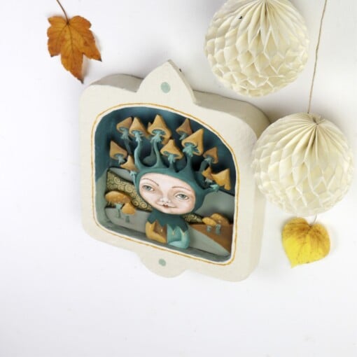 Muur Diorama met Fantasie Figuur Paddenstoelen in Warme Aardtinten 3D effect