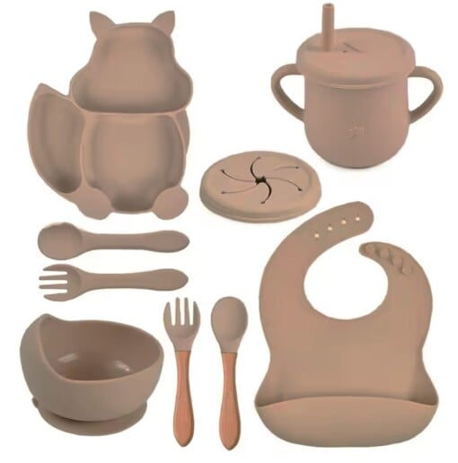 Honeybears – Siliconen kinderservies set 9 delig – Kinderbord zuignap – Siliconen eetset – Baby drinkbeker - BPA vrij – Beige