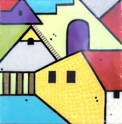 Huis en stad - acrylverf op een houten paneel met een epoxylaag