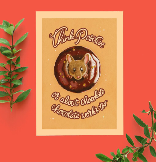 Kaart donut muis Think positive or about chocolate, chocolate works too