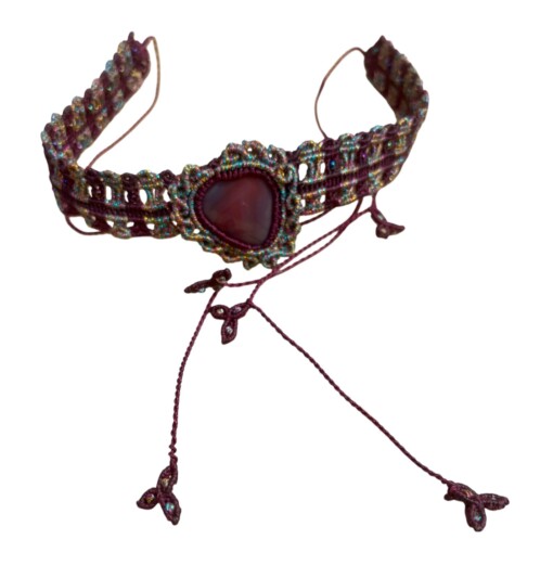 Set: choker met agaat en bijpassende oorbellen – auberginepaars met multicolor accent
