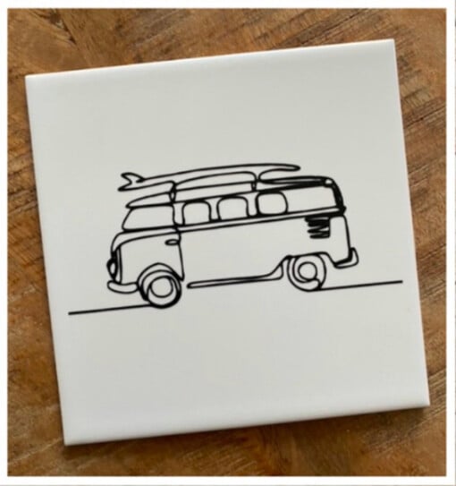 Vw bus- Tegel- Keramiek- Retro VW bus- Zwart/Wit- Lijn tekening