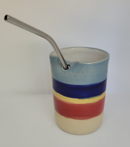 Rietjesbeker blauw, rood, geel.