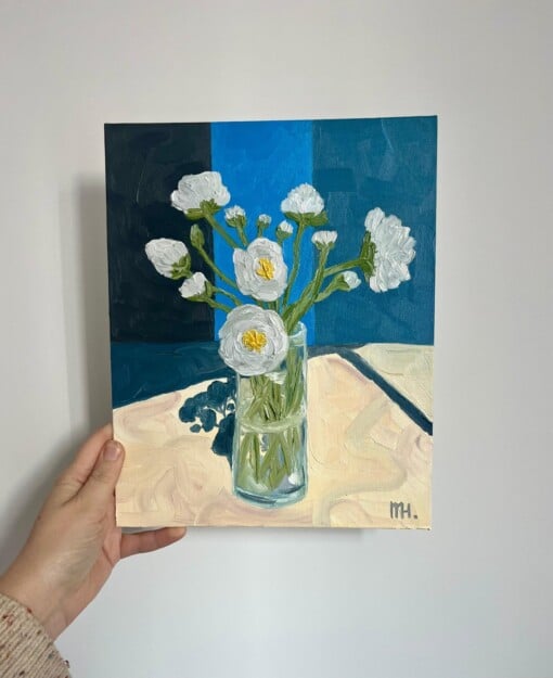 Schilderij "Flowers + blue" - origineel kunstwerk in olieverf