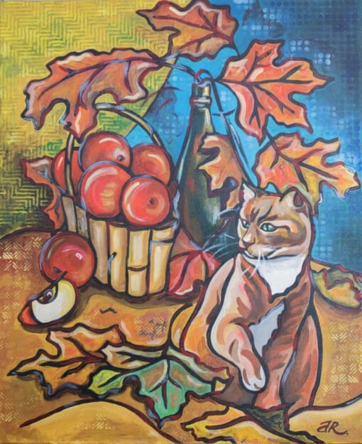 Herst stilleven met kat schilderij on canvas doek, acrylverf