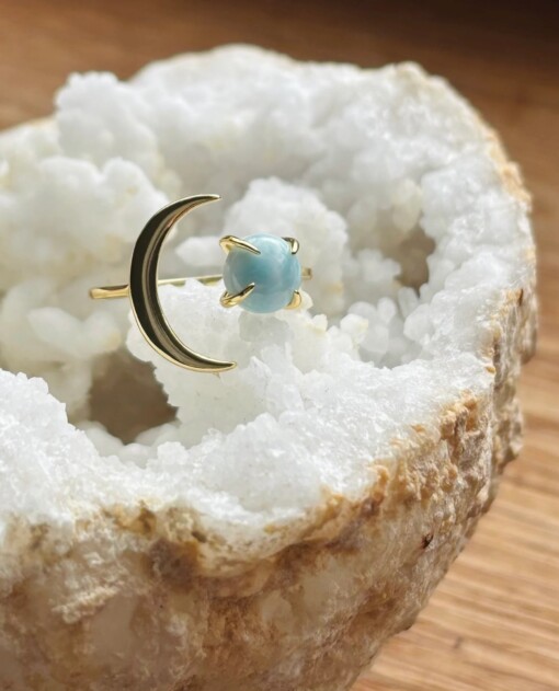 Verstelbare 925 Zilveren Ring met Larimar en Maan