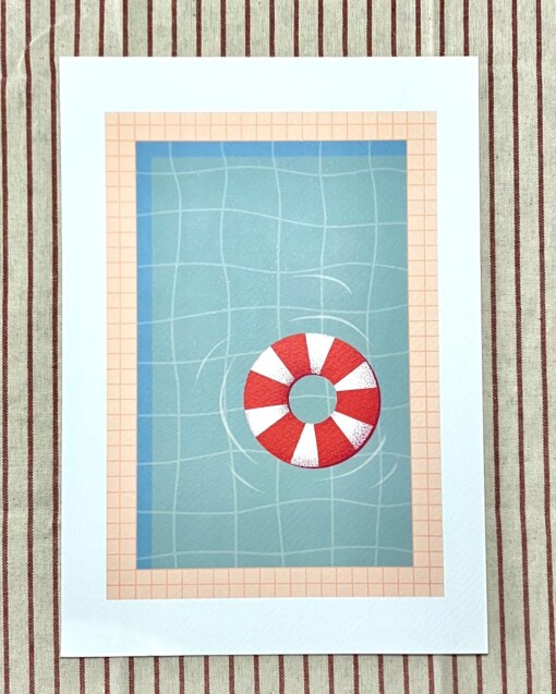 Zwembad met rode zwemband kunstprint – moderne zomerse illustratie | A4 poster 21x30 cm