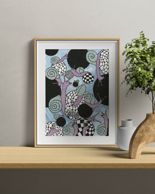 Slakken Tekening - Zwart en Witte bollen - Art Print - Kunst - Black Hole Snails