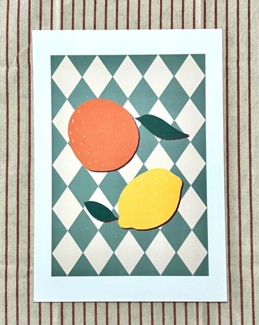Citrusfruit kunstprint – kleurrijke illustratie van citroen en sinaasappel | A4 poster 21x30 cm