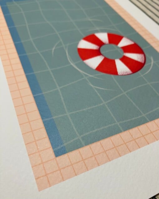 Zwembad met rode zwemband kunstprint – moderne zomerse illustratie | A4 poster 21x30 cm