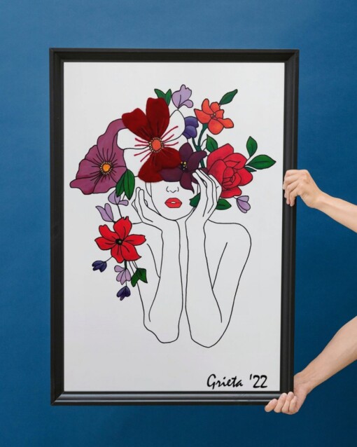Kunst print, Eco materiaal, Handgemaakt, Uniek stuk! = Missy Bloom (canvas, Paars-Fuchsia-Roze-Rood, 75x100)