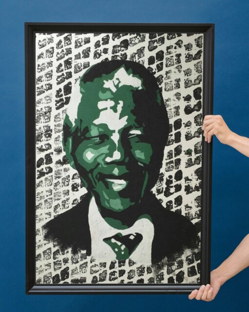 Kunst print, Eco materiaal, Handgemaakt, Uniek stuk! = Nelson Mandela (canvas, Groen, 75x100)