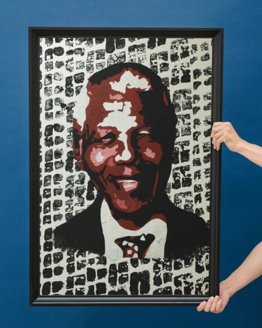 Kunst print, Eco materiaal, Handgemaakt, Uniek stuk! = Nelson Mandela (canvas, Rood, 75x100)