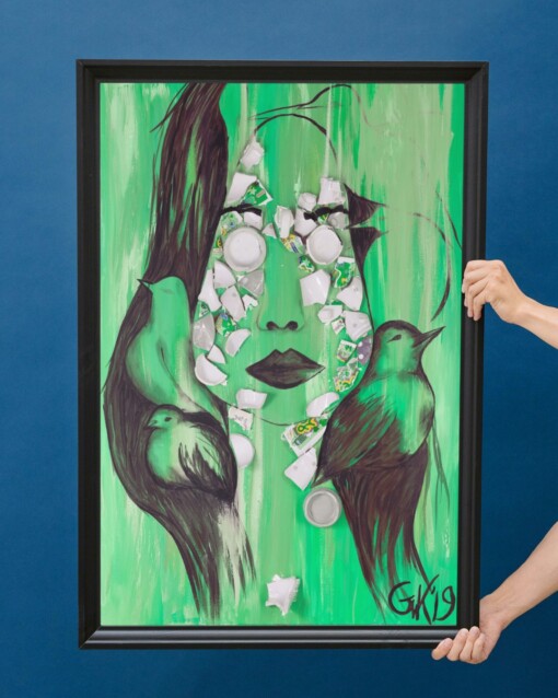 Kunst print, Eco materiaal, Handgemaakt, Uniek stuk! = Spirits of Life (poster, groen, verschillende maten)