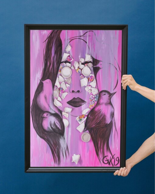 Kunst print, Eco materiaal, Handgemaakt, Uniek stuk! = Spirits of Life (poster, roze, verschillende maten)