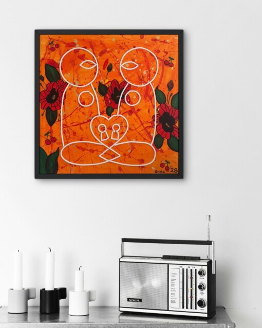 Kunst print, Eco materiaal, Handgemaakt, Uniek stuk! = True Love (canvas, oranje, 90x90)