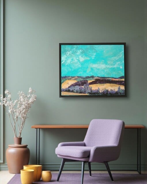 Landschap schilderij - mixed media - geel blauw