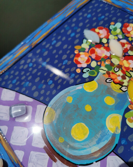 Home Flowers 2 -schilderen onder epoxylaag en mosaic