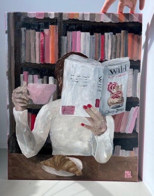 Schilderij "Reading at the bookstore" - origineel kunstwerk van olieverf