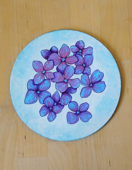 Rond Gouache Schilderij, Hortensia Bloemen