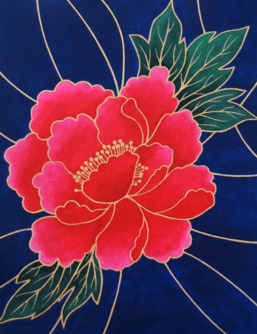 Acryl Schilderij, Chinese Bloem, Bladeren en Lijnen