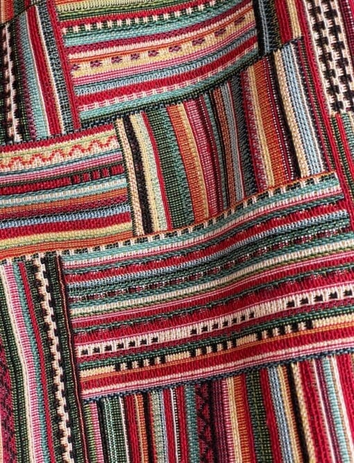 Tas met bamboe hengsels - stoffen, stevige tas met binnenzak in meerkleurig, blauw en ecru.