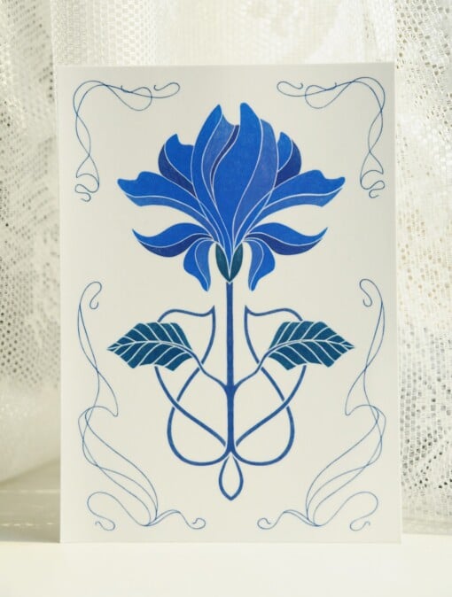 Art Nouveau Flower A6 Kaart, Blauwe Bloem Tekening