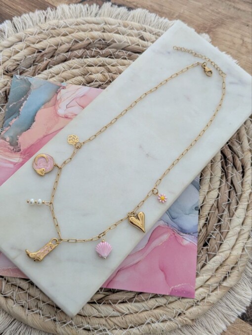 Roze detail bedelketting goud