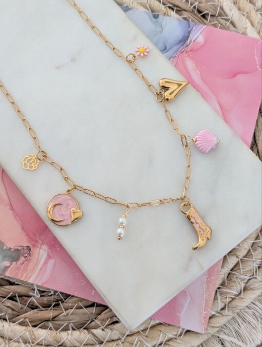 Roze detail bedelketting goud