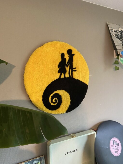 The Nightmare Before Christmas 1993 Tim Burton Handgemaakte Muurtapijt / Handgetufte Halloween Wanddecoratie / Jack en Sally Silhouet