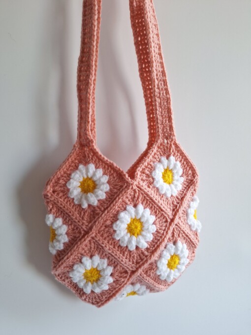 Gehaakte tas 'Pink daisy'