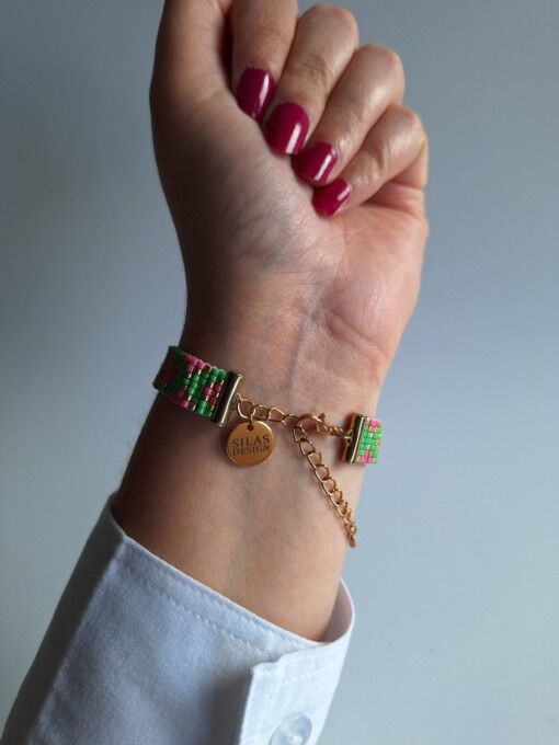 Geweven kralen armband 'Xoxo green & hot pink'