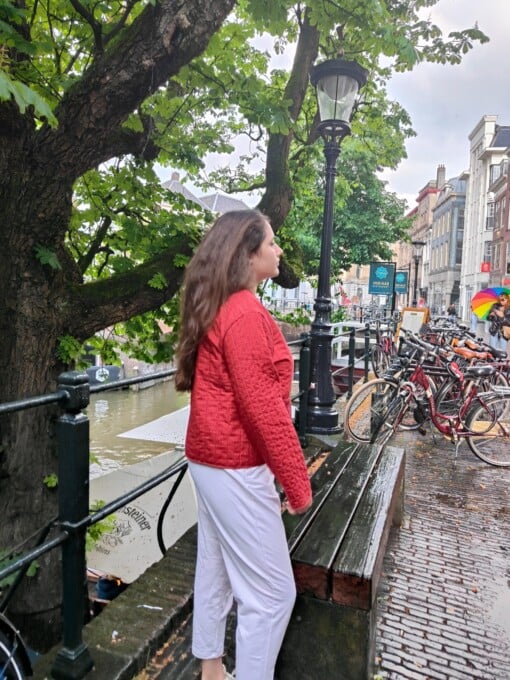 gewatteerde boho-stijl rode jas met grote knopen, omkeerbaar jas