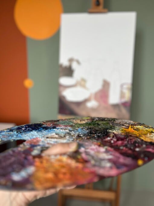 Schilderij "Red wine + flowers" - origineel kunstwerk in olieverf